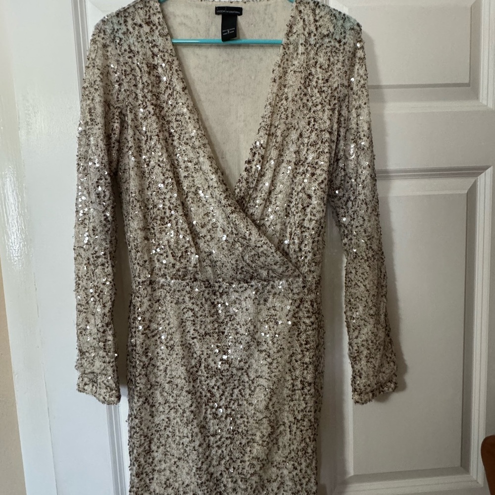 Moda International Long Sleeve Dress in Elegant Gold and Silver